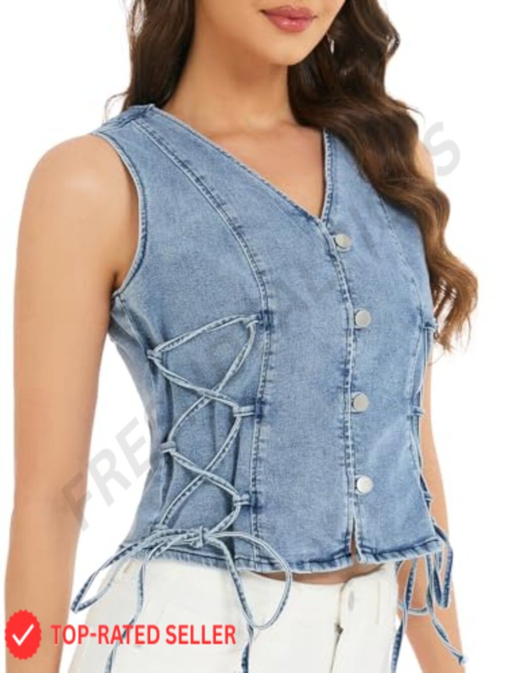 Lace Up Denim Vest Sleeveless V Neck Button Down Y2K Casual Top
